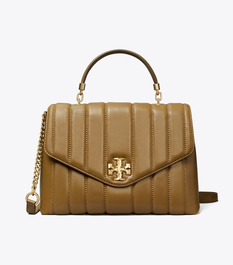 Tory Burch diseñador bolsos satchel Bolso satchel acolchado Kira en TOASTED SESAME / Rolled Gold frente