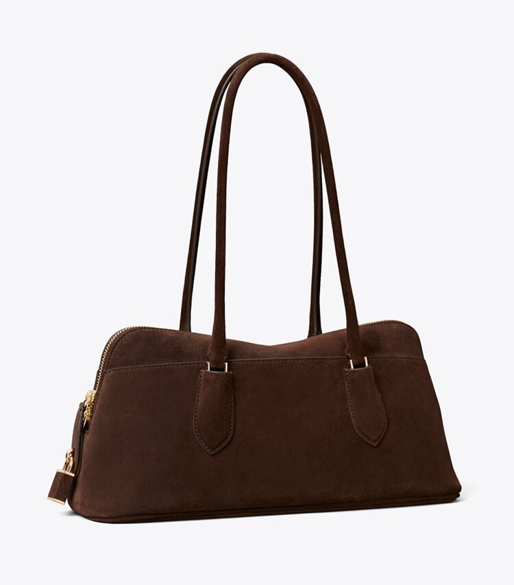 Tory Burch diseñador bolsos satchel Bolso satchel con broche East-West Lock de gamuza en Dark Cocoa ángulo