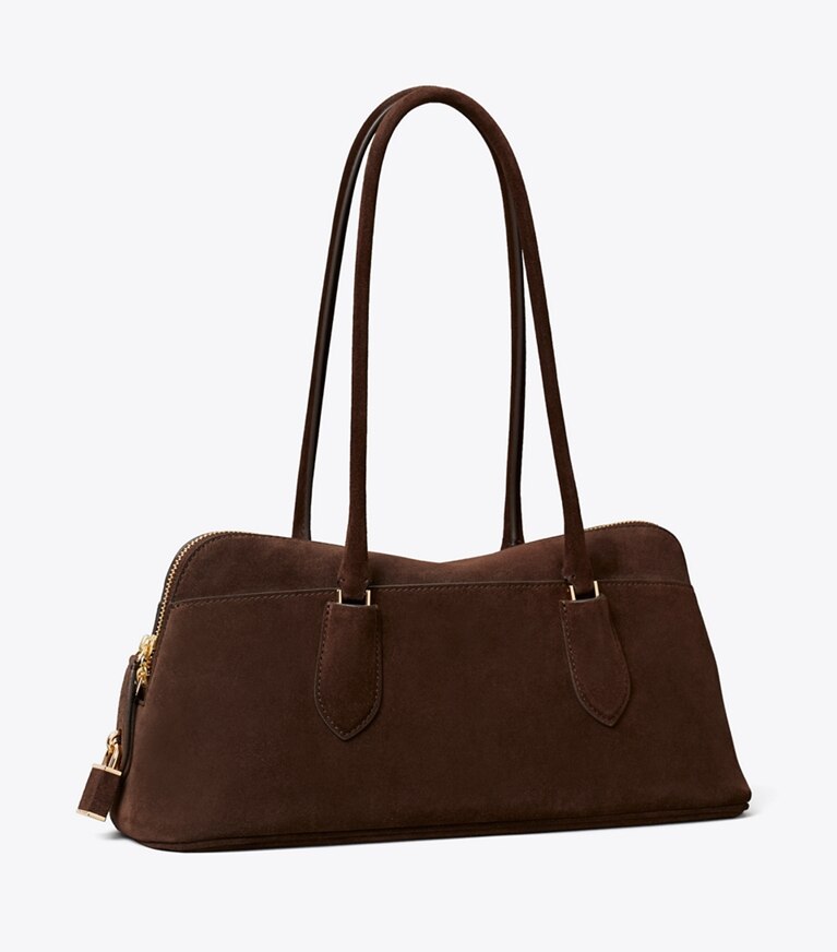 Tory Burch diseñador bolsos satchel Bolso satchel con broche East-West Lock de gamuza en Dark Cocoa ángulo