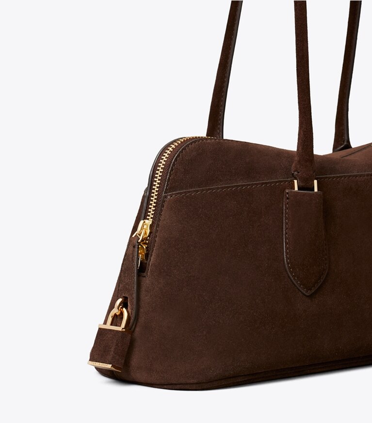 Tory Burch diseñador bolsos satchel Bolso satchel con broche East-West Lock de gamuza en Dark Cocoa detalle