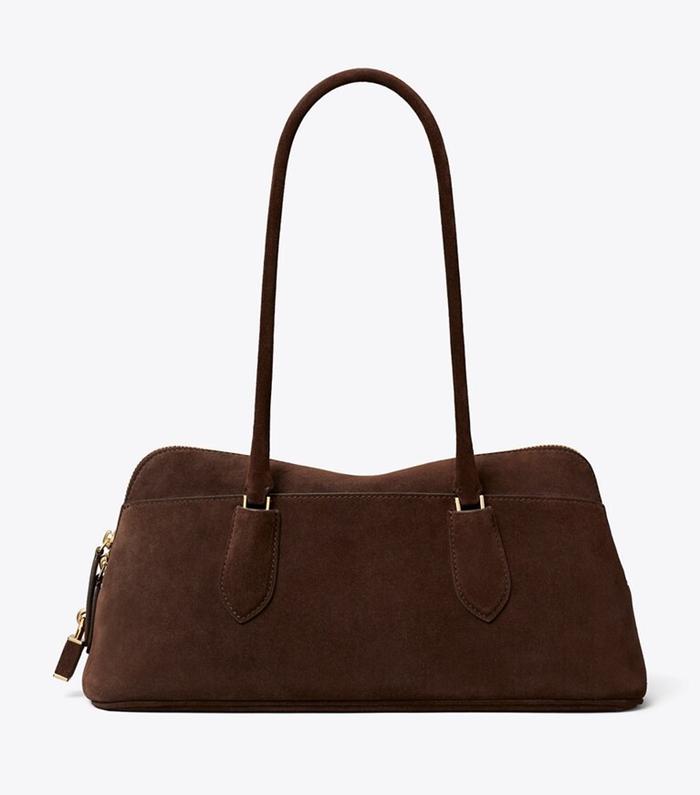 Tory Burch diseñador bolsos satchel Bolso satchel con broche East-West Lock de gamuza en Dark Cocoa frente