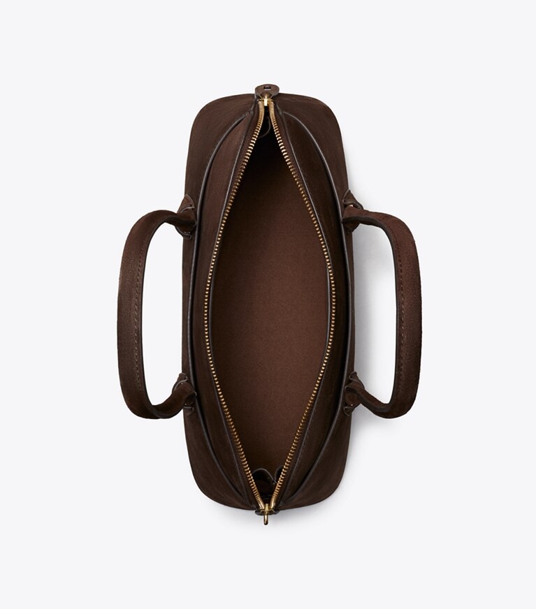 Tory Burch diseñador bolsos satchel Bolso satchel con broche East-West Lock de gamuza en Dark Cocoa vista superior