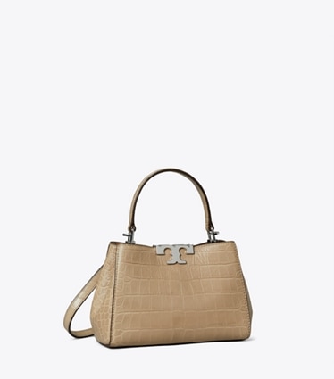 Tory Burch diseñador bolsos bandolera Bolso Satchel con grabado en relieve de cocodrilo suave Mini Eleanor en Ginger Leaf ángulo