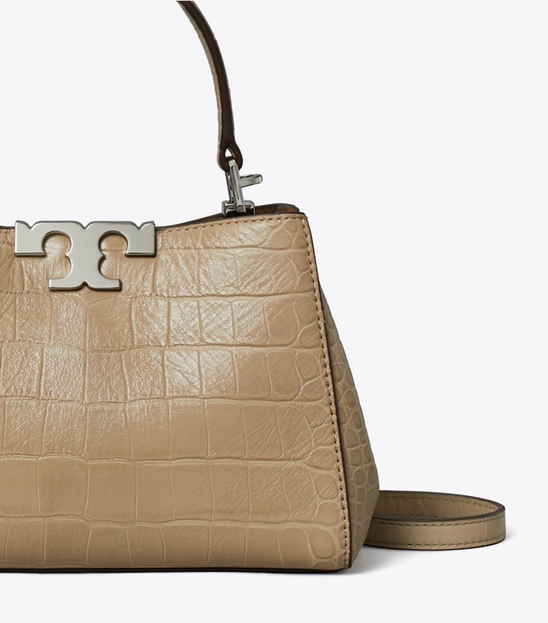Tory Burch diseñador bolsos bandolera Bolso Satchel con grabado en relieve de cocodrilo suave Mini Eleanor en Ginger Leaf detalle