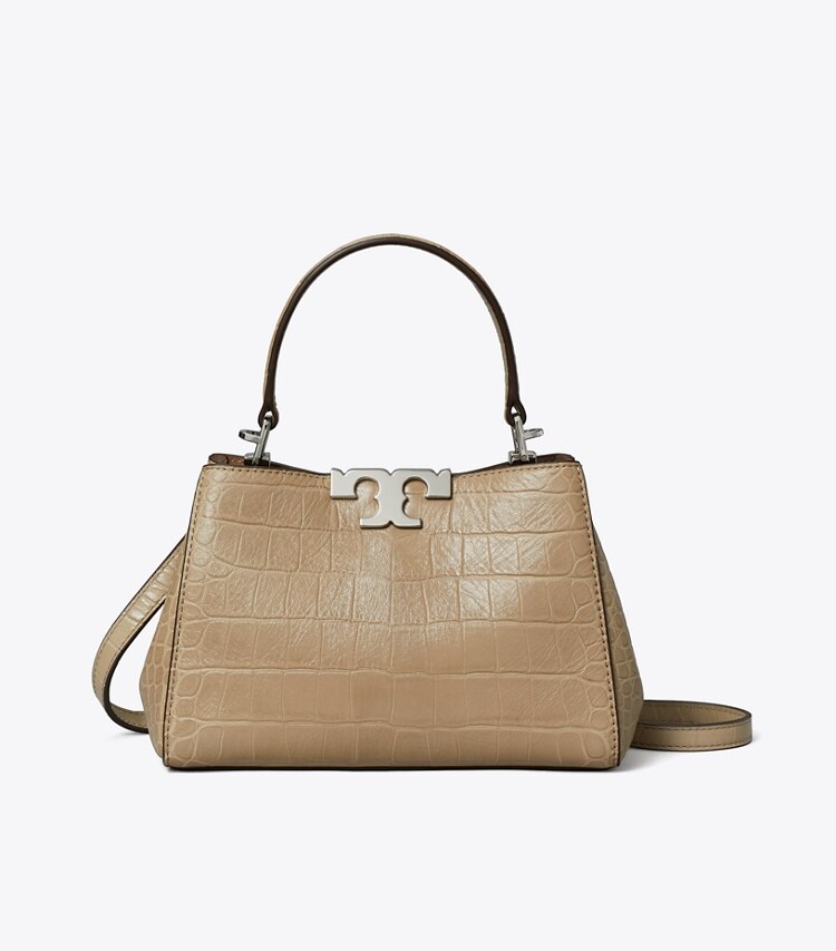 Tory Burch diseñador bolsos bandolera Bolso Satchel con grabado en relieve de cocodrilo suave Mini Eleanor en Ginger Leaf frente