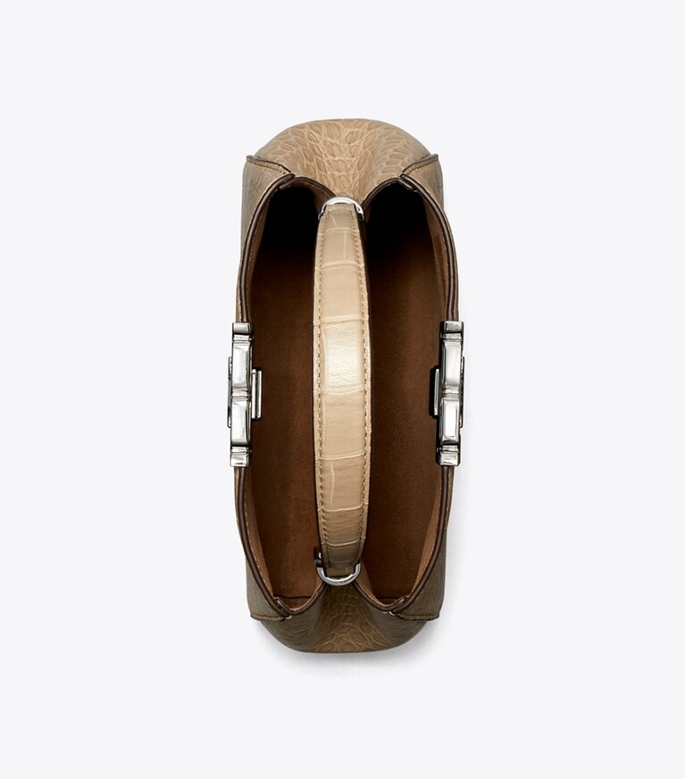 Tory Burch diseñador bolsos bandolera Bolso Satchel con grabado en relieve de cocodrilo suave Mini Eleanor en Ginger Leaf vista superior