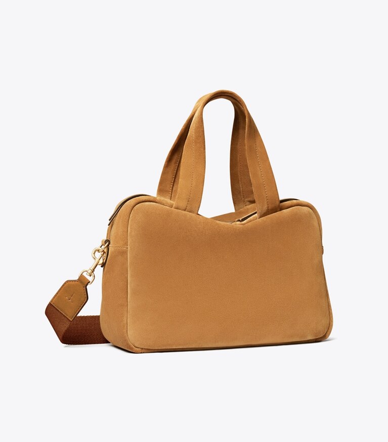 Tory Burch diseñador bolsos satchel Bolso satchel de gamuza en Toffee ángulo