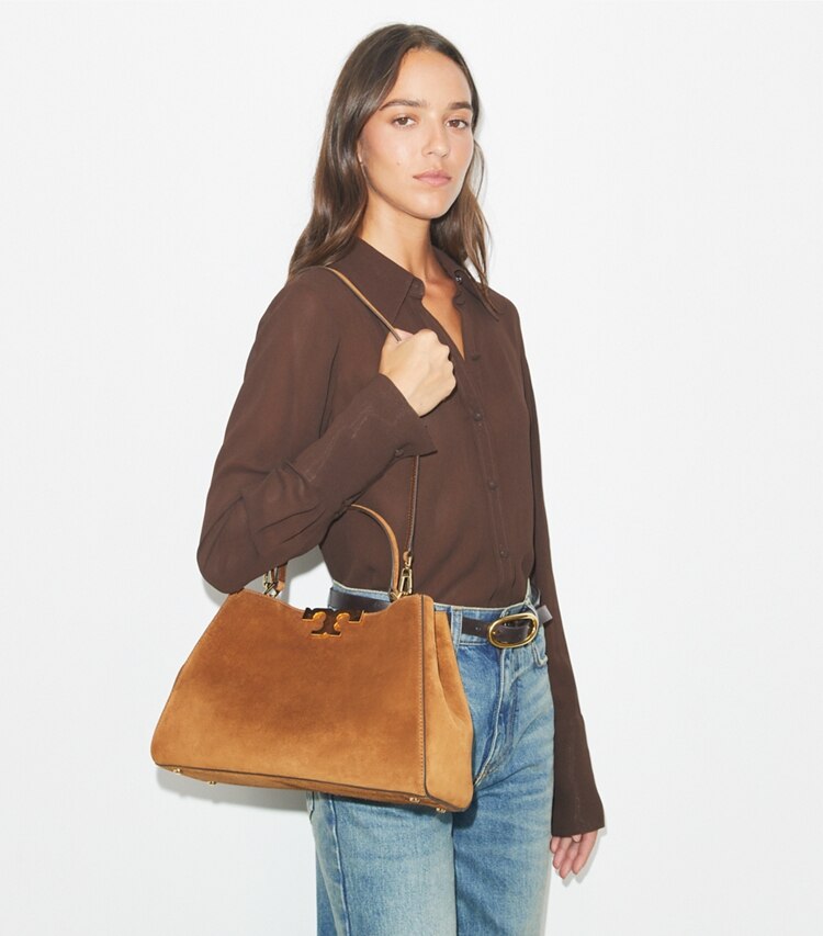 Tory Burch diseñador bolsos satchel Bolso satchel de gamuza Eleanor en Caramel accesorio en modelo