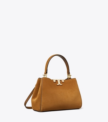 Tory Burch diseñador bolsos bandolera Bolso Satchel de gamuza Eleanor mini en Caramel ángulo