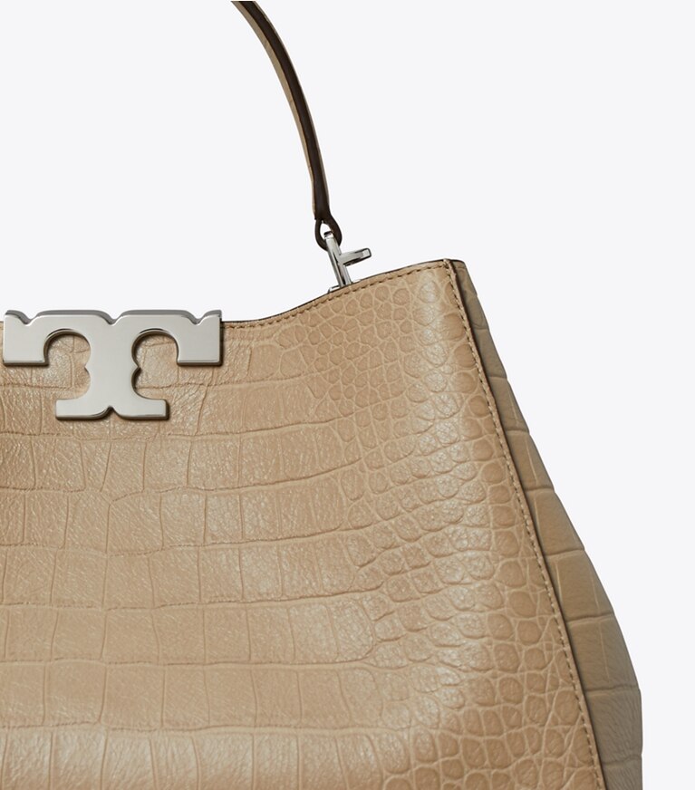 Tory Burch diseñador bolsos satchel Bolso Satchel Eleanor con estampado de cocodrilo suave en Ginger Leaf detalle