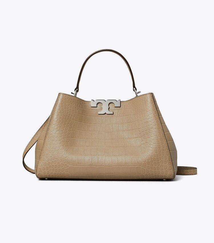 Tory Burch diseñador bolsos satchel Bolso Satchel Eleanor con estampado de cocodrilo suave en Ginger Leaf frente