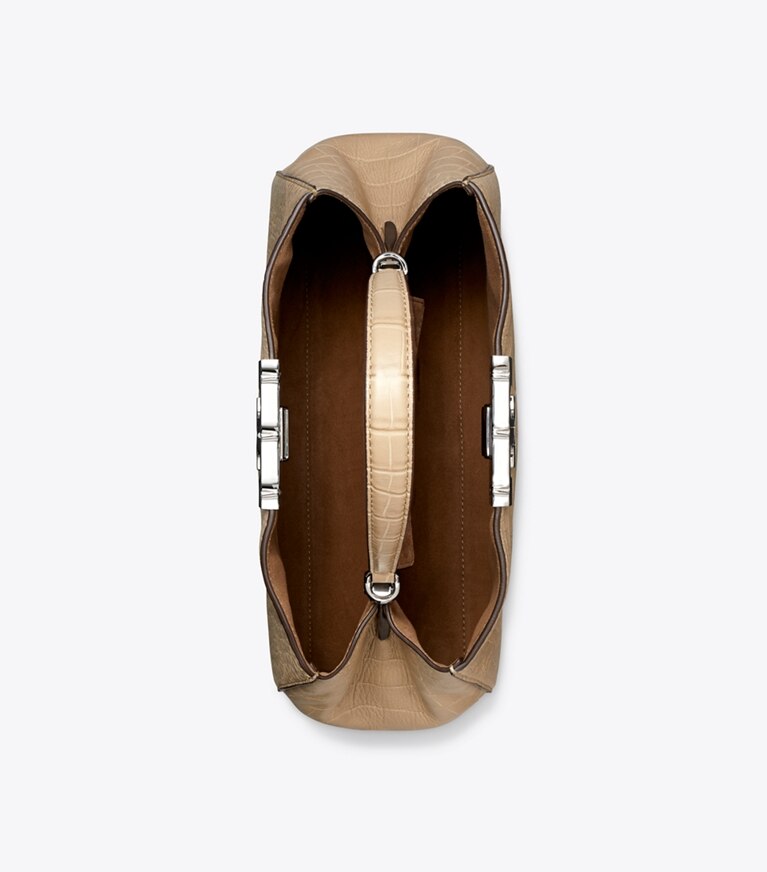 Tory Burch diseñador bolsos satchel Bolso Satchel Eleanor con estampado de cocodrilo suave en Ginger Leaf vista superior