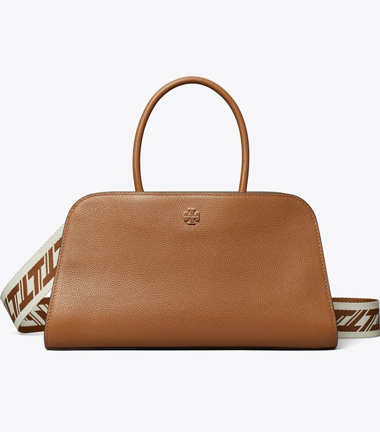 Tory Burch diseñador bolsos satchel Bolso satchel pequeño con cierre central en Forest Brown frente