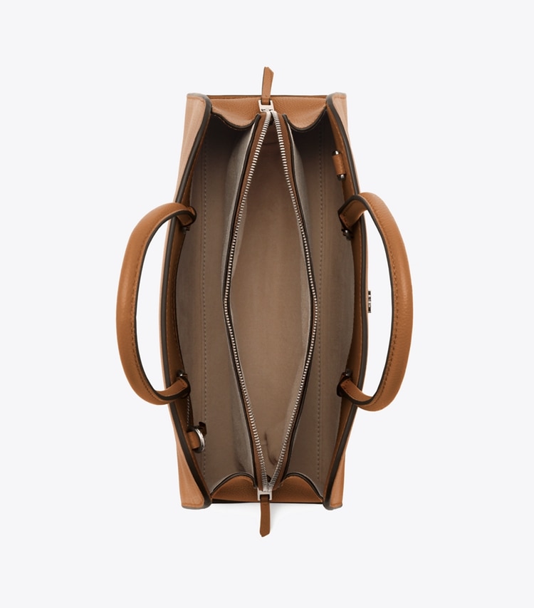 Tory Burch diseñador bolsos satchel Bolso satchel pequeño con cierre central en Forest Brown vista superior