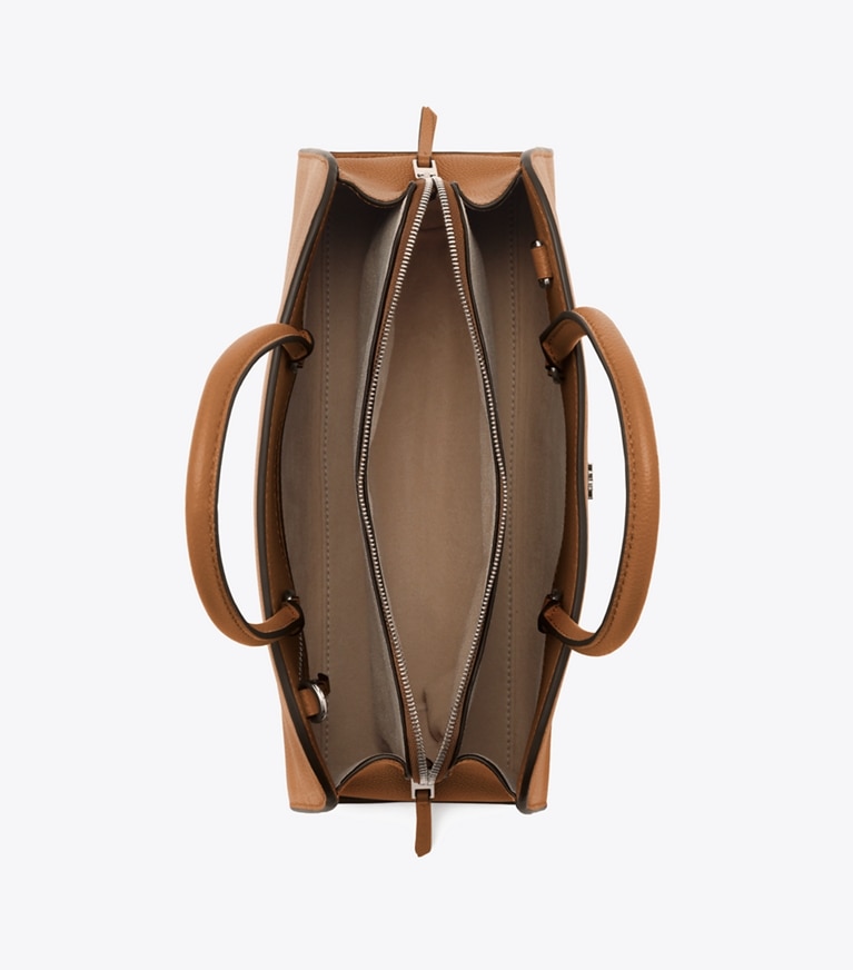 Tory Burch diseñador bolsos satchel Bolso satchel pequeño con cierre central en Forest Brown vista superior