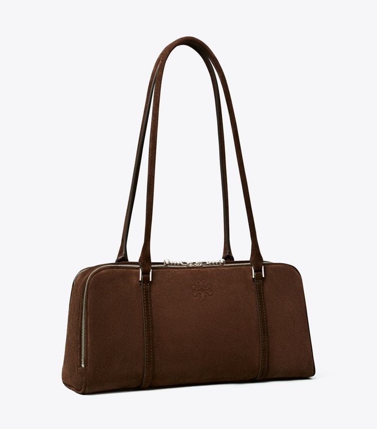 Tory Burch diseñador bolsos de hombro Bolso satchel pequeño de gamuza Marshmallow en Dark Cocoa ángulo