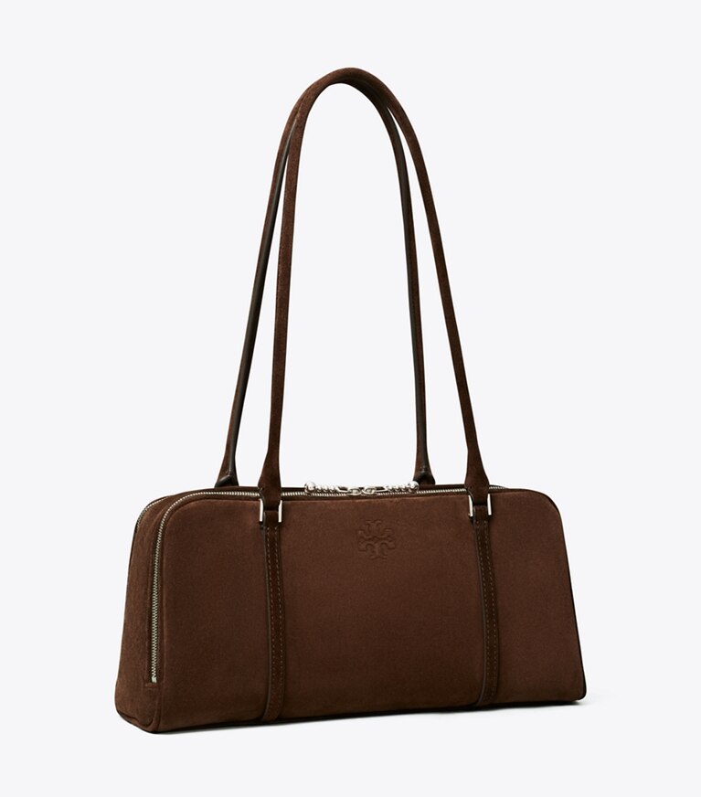 Tory Burch diseñador bolsos de hombro Bolso satchel pequeño de gamuza Marshmallow en Dark Cocoa ángulo