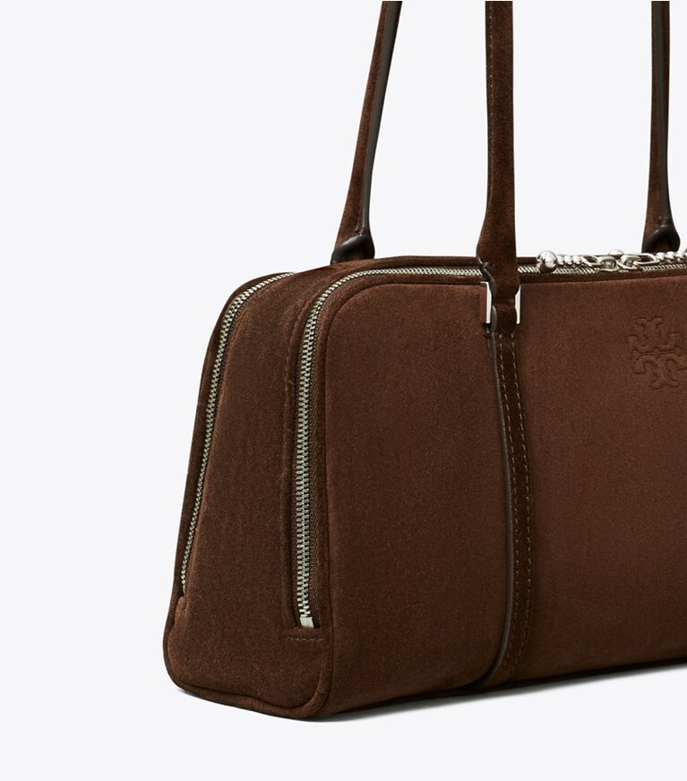 Tory Burch diseñador bolsos de hombro Bolso satchel pequeño de gamuza Marshmallow en Dark Cocoa detalle