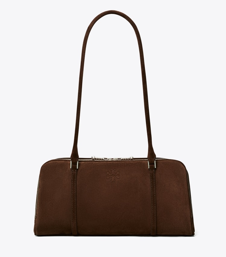 Tory Burch diseñador bolsos de hombro Bolso satchel pequeño de gamuza Marshmallow en Dark Cocoa frente