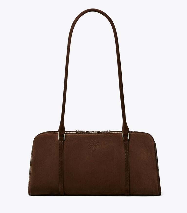 Tory Burch diseñador bolsos de hombro Bolso satchel pequeño de gamuza Marshmallow en Dark Cocoa frente