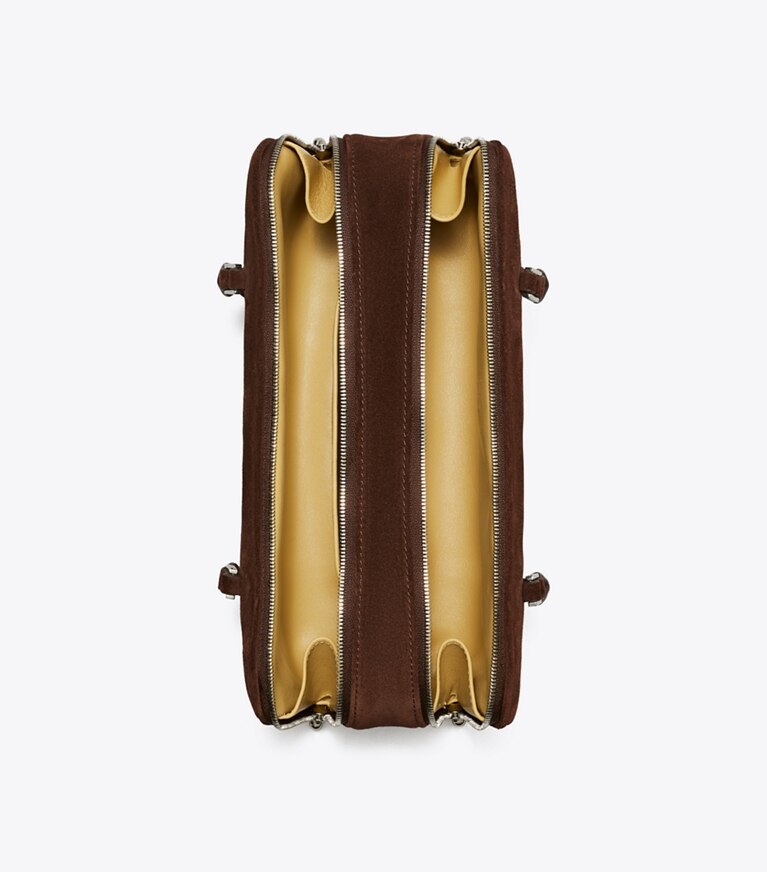 Tory Burch diseñador bolsos de hombro Bolso satchel pequeño de gamuza Marshmallow en Dark Cocoa vista superior