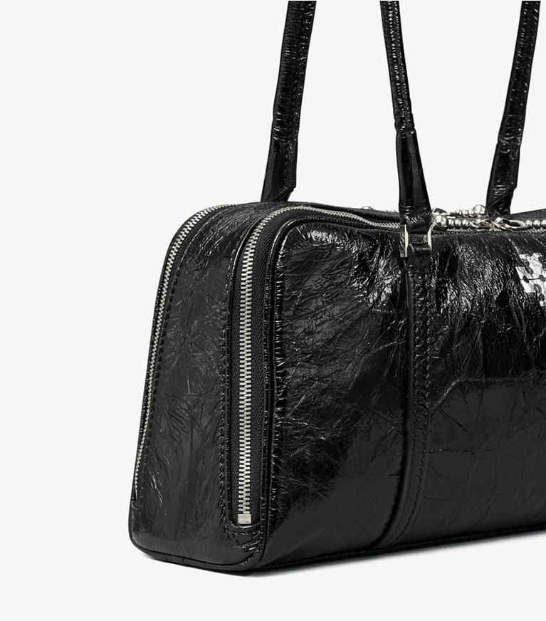 Tory Burch diseñador bolsos de hombro Bolso satchel pequeño de piel arrugada Marshmallow en Black detalle