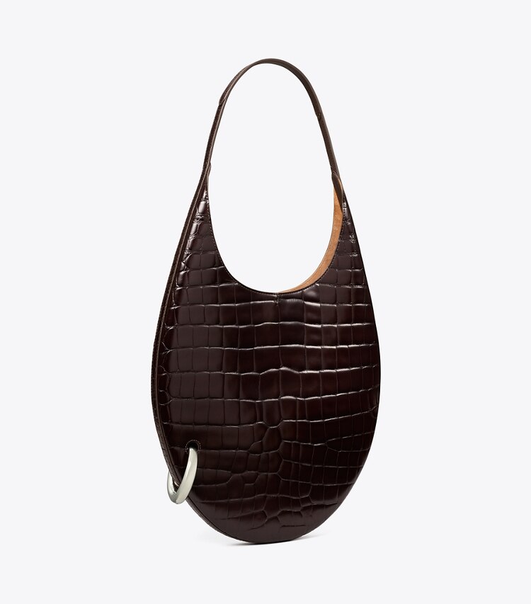 Tory Burch diseñador bolsos de hombro Bolso suave con piel grabada en relieve con efecto de cocodrilo Pierced en Dark Cocoa ángulo
