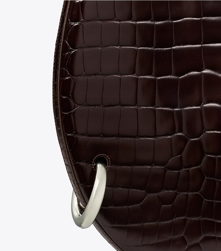 Tory Burch diseñador bolsos de hombro Bolso suave con piel grabada en relieve con efecto de cocodrilo Pierced en Dark Cocoa detalle