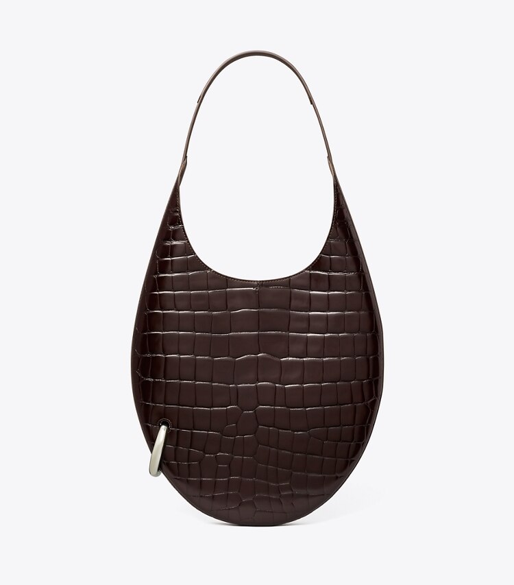 Tory Burch diseñador bolsos de hombro Bolso suave con piel grabada en relieve con efecto de cocodrilo Pierced en Dark Cocoa frente