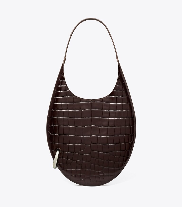 Tory Burch diseñador bolsos de hombro Bolso suave con piel grabada en relieve con efecto de cocodrilo Pierced en Dark Cocoa frente