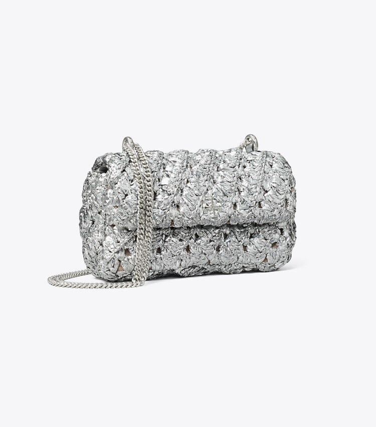 Tory Burch diseñador bolsos bandolera Bolso tejido con solapa Mini Kira en Silver ángulo