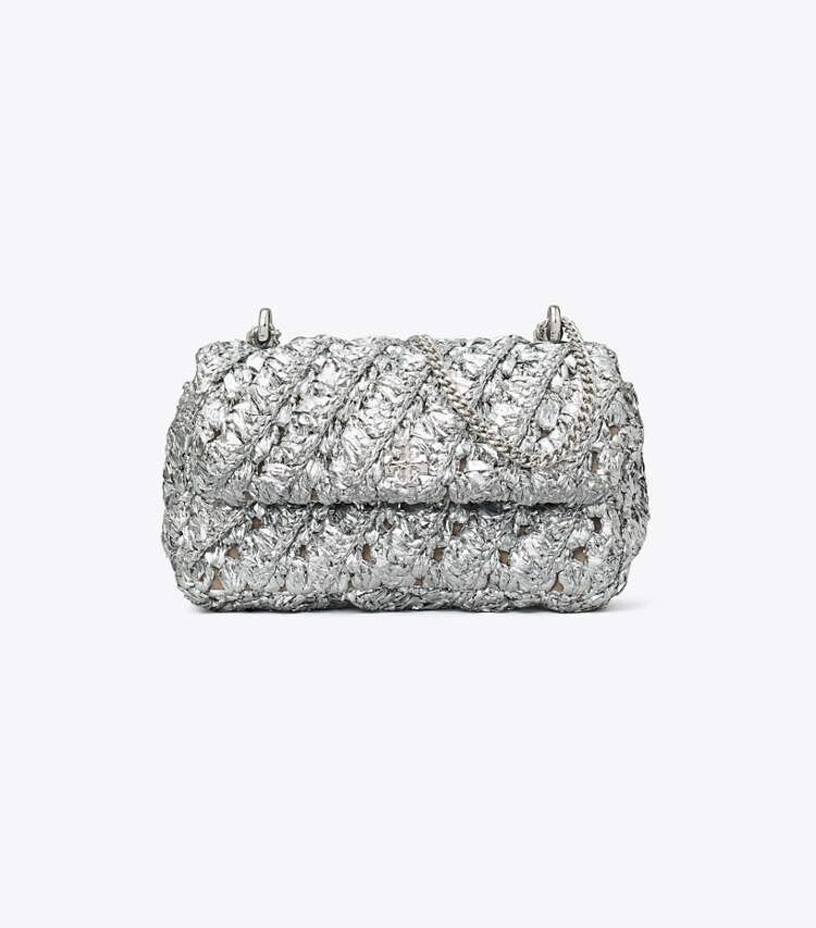 Tory Burch diseñador bolsos bandolera Bolso tejido con solapa Mini Kira en Silver frente
