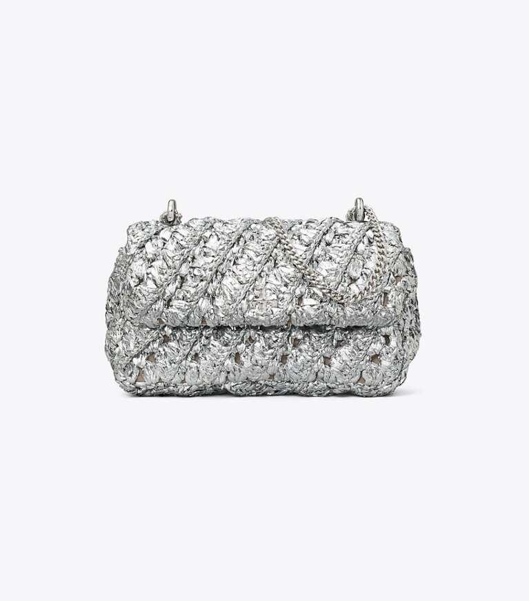 Tory Burch diseñador bolsos bandolera Bolso tejido con solapa Mini Kira en Silver frente