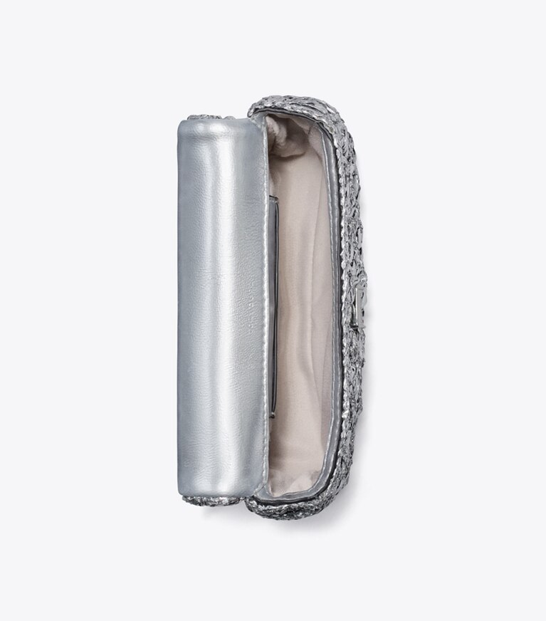 Tory Burch diseñador bolsos bandolera Bolso tejido con solapa Mini Kira en Silver vista superior
