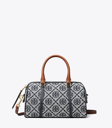 Tory Burch diseñador bolsos bandolera Bolso tipo barril pequeño con monograma de T en Tory Navy frontal