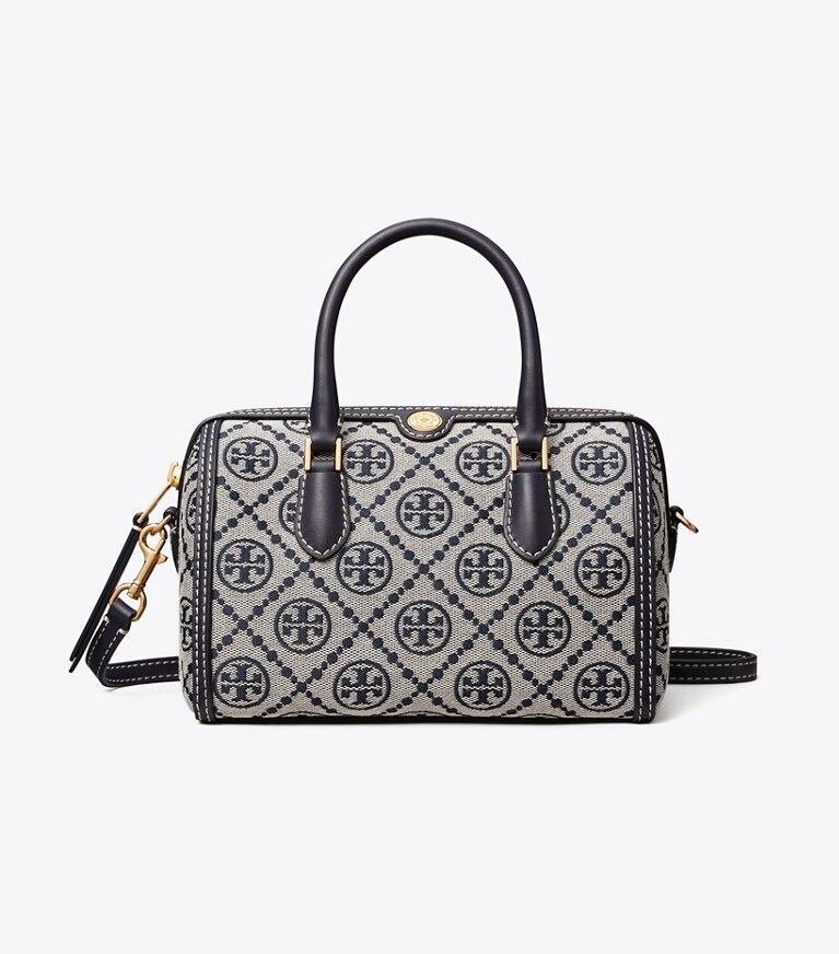 Tory Burch diseñador bolsos bandolera Bolso tipo barril pequeño con monograma en forma de T en Tory Navy frente