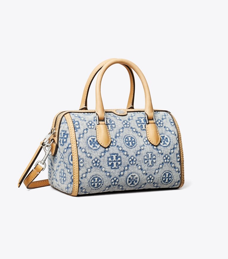 Tory Burch diseñador bolsos bandolera Bolso tipo barril pequeño de mezclilla con monograma de T en Powder Blue ángulo