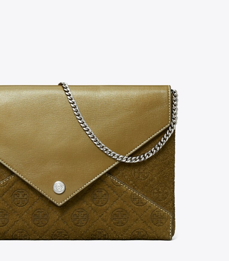 Tory Burch diseñador carteras de mano Bolso tipo sobre de gamuza con cadena T Monogram en Deep Olive detalle