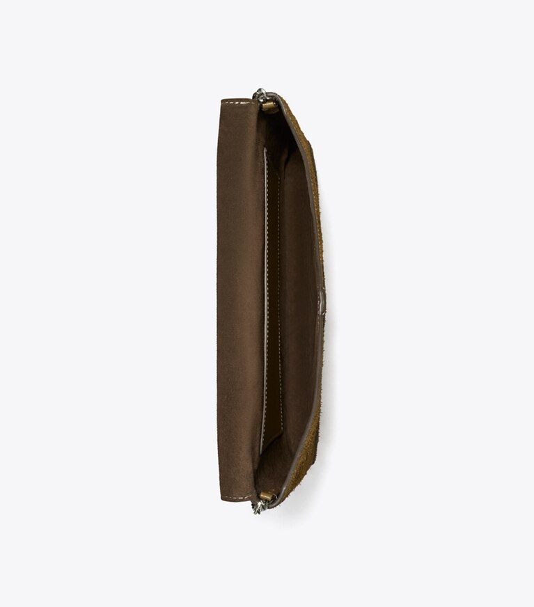 Tory Burch diseñador carteras de mano Bolso tipo sobre de gamuza con cadena T Monogram en Deep Olive vista superior