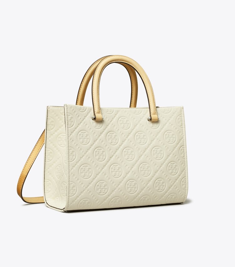 Tory Burch diseñador bolsos tote Bolso tote con asa superior con monograma de T de piel granulada en Warm White ángulo
