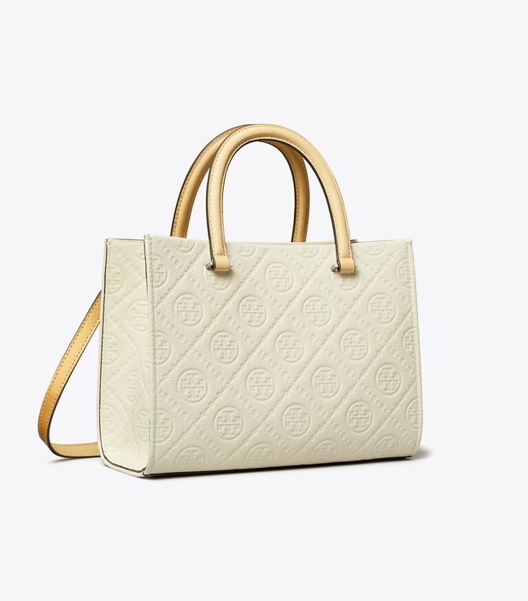 Tory Burch diseñador bolsos tote Bolso tote con asa superior con monograma de T de piel granulada en Warm White ángulo