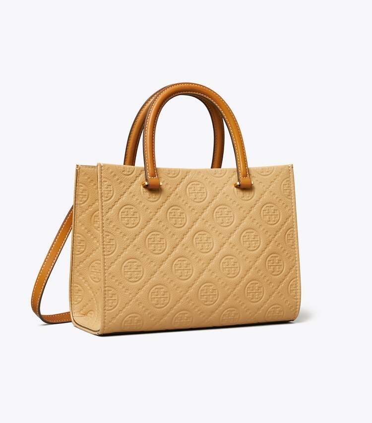 Tory Burch diseñador bolsos tote Bolso tote con asa superior con monograma de T de piel granulada en Biscotti ángulo