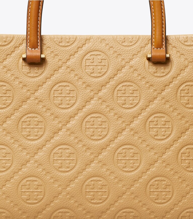 Tory Burch diseñador bolsos tote Bolso tote con asa superior con monograma de T de piel granulada en Biscotti detalle