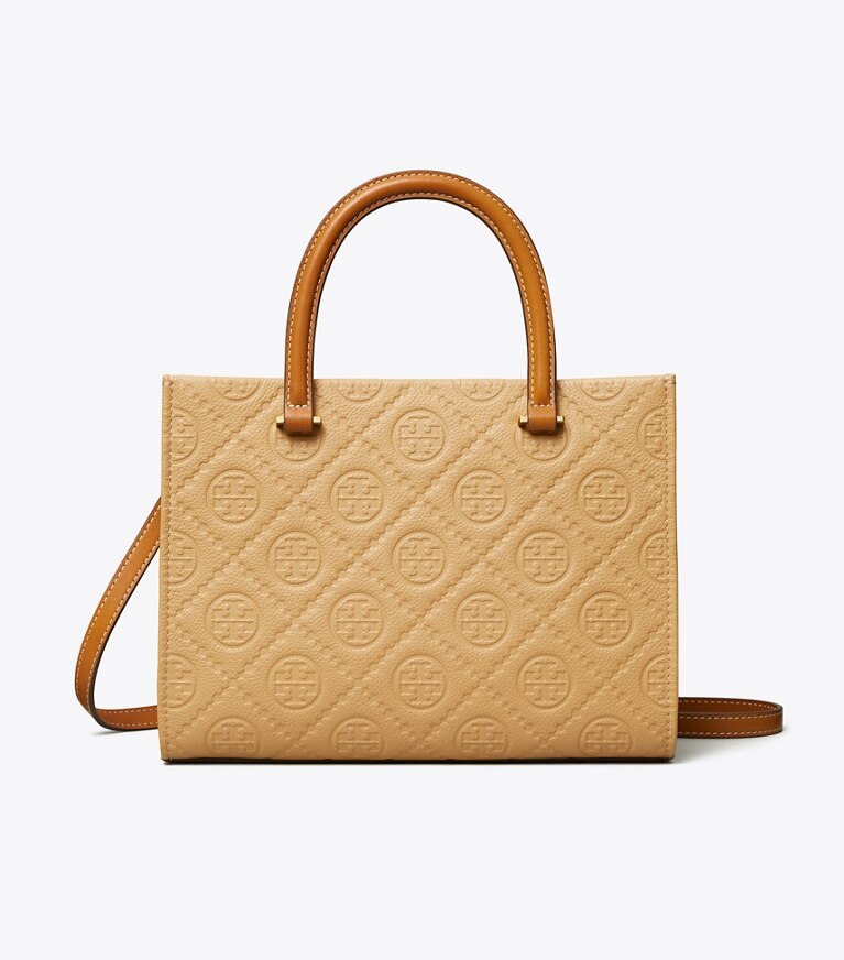 Tory Burch diseñador bolsos tote Bolso tote con asa superior con monograma de T de piel granulada en Biscotti frontal