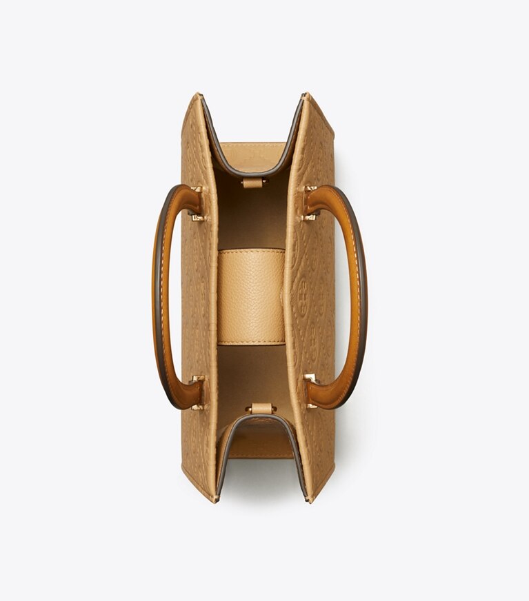 Tory Burch diseñador bolsos tote Bolso tote con asa superior con monograma de T de piel granulada en Biscotti desde arriba