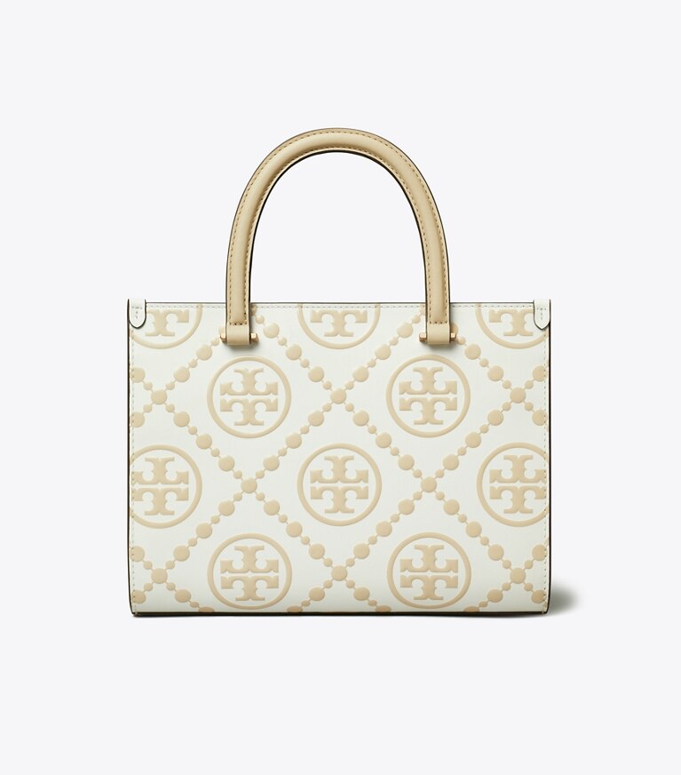 Tory Burch diseñador bolsos tote Bolso tote con asa superior en relieve en contraste con monograma de T en Beige parte trasera