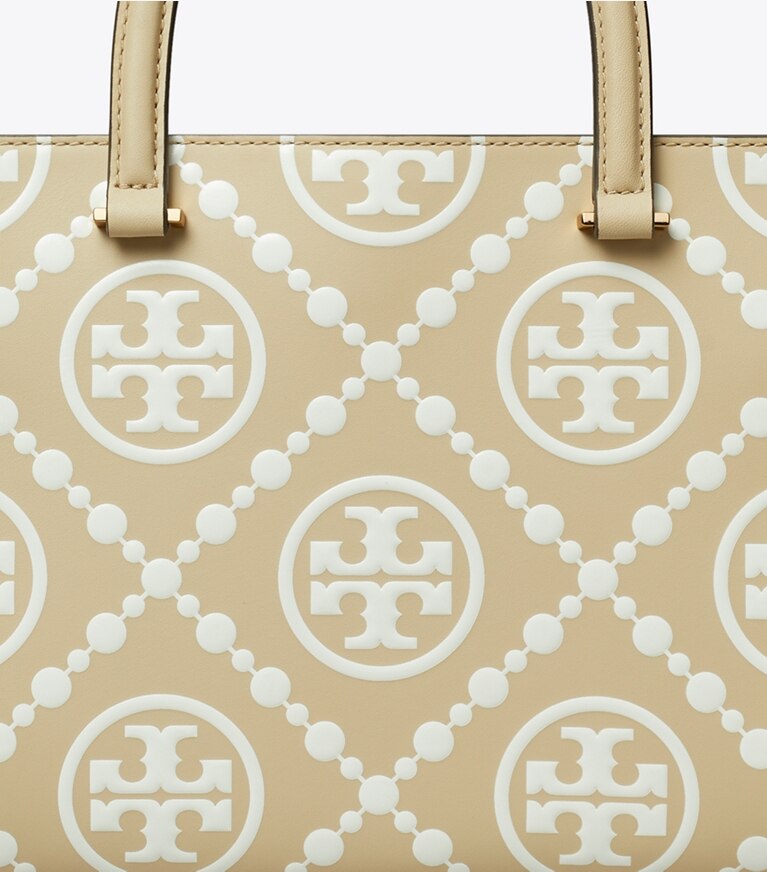 Tory Burch diseñador bolsos tote Bolso tote con asa superior en relieve en contraste con monograma de T en Beige detalle