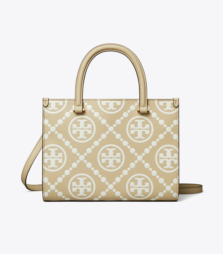 Tory Burch diseñador bolsos tote Bolso tote con asa superior en relieve en contraste con monograma de T en Beige frontal