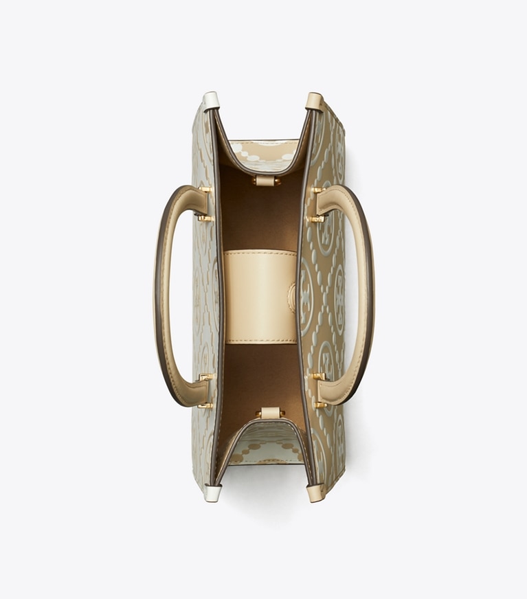 Tory Burch diseñador bolsos tote Bolso tote con asa superior en relieve en contraste con monograma de T en Beige desde arriba