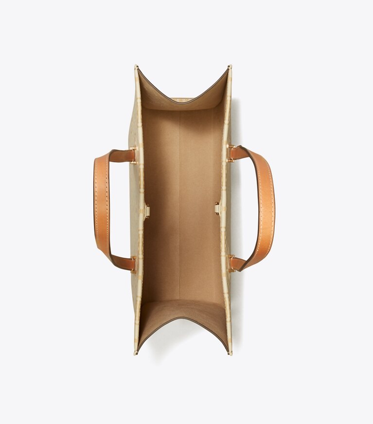 Tory Burch diseñador bolsos tote Bolso tote con monograma de T de piel granulada en Biscotti desde arriba